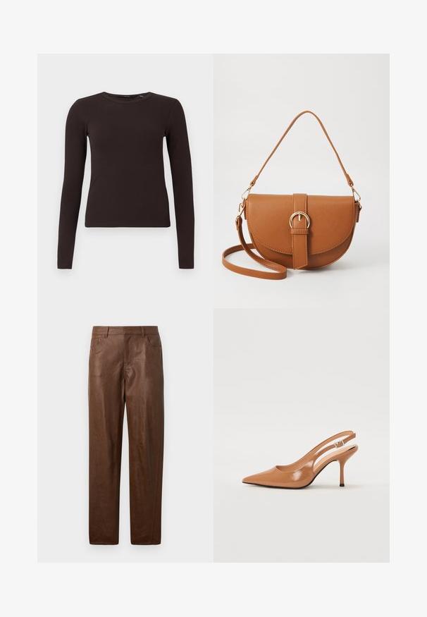 Top de culoare maro închis, cu mânecă lungă și gât rotund, cu o siluetă ajustată, expus pe un fundal alb simplu.; Pantaloni din piele maro cu o textură netedă, design cu picior drept și două buzunare laterale. Prezintă detalii de cusături vizibile.; Pantofii cu toc slingback, cu vârful ascuțit, dintr-un material tan neted și strălucitor. Prezintă un design cu decupaj curbat și un toc subțire stil stiletto. Detaliu cu cataramă argintie.; Geantă din piele maro, tip crossbody, cu o formă curbată, accesorii aurii și un accent cu cataramă. Dispune de un curea de umăr detașabilă.
