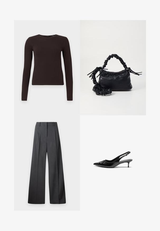 Sötétbarna bordázott, hosszú ujjú környakú felső, amely testhezálló fazonú, egyszínű fehér háttér előtt látható.; Széles szárú nadrág sötétszürke anyagból, magas derekú, egyes redőkkel, sima textúrával és tiszta befejezéssel a szegélyeken.; Fekete bőrből készült slingback magassarkú cipők hegyes orral, kis francia sarokkal és díszes csomóval az elején. Az egész felületen sima textúra.; Fekete műbőr kézi táska krokodil bőr textúrával, összehúzható tetejű és gyűrt pánttal. Lágy és kompakt dizájnúnak tűnik.
