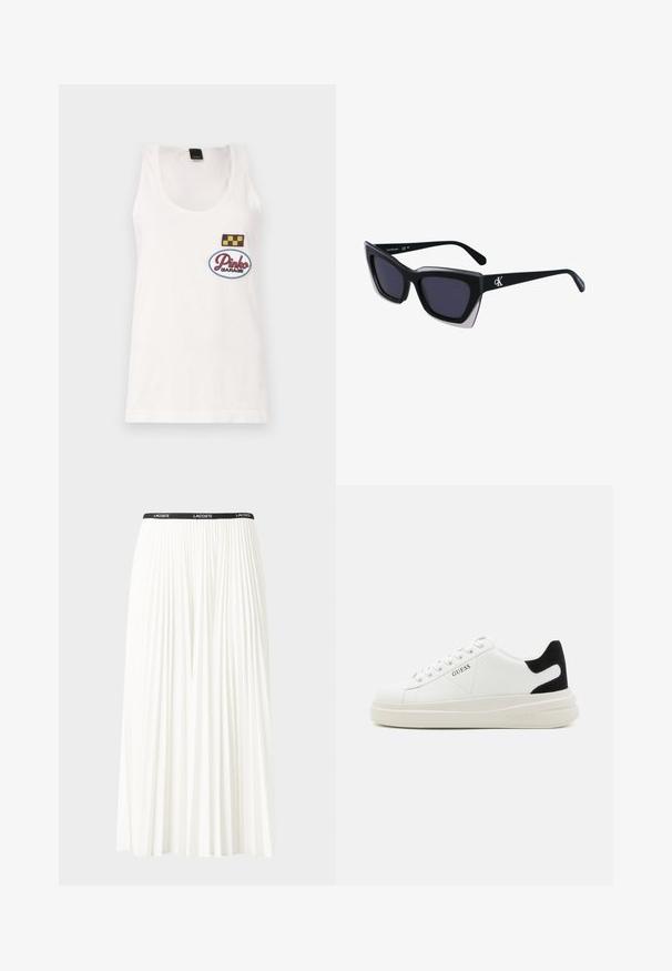 White cotton tank top with a scoop neckline, featuring two embroidered patches: a checkered square and an oval with "Pinko Garage."; Pleated white skirt with a black elastic waistband featuring the "LACOSTE" logo. Mid-length design with soft texture.; White leather sneakers with a thick white sole, black suede heel accent, and embossed logo on the side. Laced design with six eyelets.; Black oversized sunglasses with a geometric shape, featuring dark lenses and a contrasting grey detail on the frame. Logo on the arm.