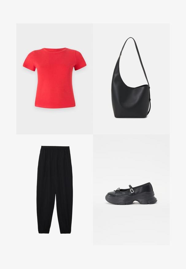 Červené bavlněné tričko s krátkými rukávy, kulatým výstřihem a hladkou strukturou, s přiléhavým střihem a bez viditelných vzorů či detailů.; Černé, lehké kalhoty s elastickým pasem a nařasenými kotníky. Tkanina je hladká a má uvolněný, zúžený design.; Černá kožená botička Mary Jane se zaoblenou špičkou, detailem mašle a nastavitelným páskem kolem kotníku. Disponuje chunky gumovou podrážkou s zakřivenými akcenty.; Černá kožená hobo taška s hladkým povrchem, zakřiveným tvarem a jedním nastavitelným popruhem; má široké otevírání nahoře.