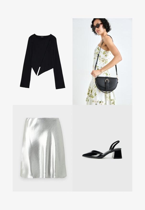 Crni dugi rukav majica s okruglim izrezom, asimetričnom rubom i teksturiranim materijalom. Dizajn sadrži jedinstveni detalj s drapiranim prednjim dijelom.; Srebrnometalna mini suknja s glatkom teksturom i blagim sjajem. Ima široki kroj i jednostavan, uredan rub.; Crne lakirane kožne sandale s otvorenom petom i špicastim vrhom, s geometrijskom blok petom. Imaju elegantan, minimalistički dizajn i glatku teksturu.; Crna kožna torba s lukovitim oblikom, odvojivim remenom i zlatnim detaljima. Torba ima preklop s kopčom.