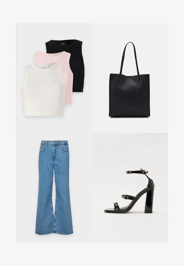 Três tops curtos sem mangas em textura canelada: branco, rosa claro e preto. Cada um apresenta um decote redondo e um design justo.; Jeans de brim azuis claros, com corte à boca de sino, apresentando uma cintura alta, cinco bolsos e um fecho de botão único. Textura macia com acabamento desbotado.; Sandálias de tacão preto laqueadas com bico quadrado, tiras para o tornozelo e fivelas prateadas. Apresentam um salto bloco chunky para estabilidade.; Bolsa tote preta em couro com textura lisa, forma retangular e duas alças longas. Sem hardware ou enfeites visíveis.