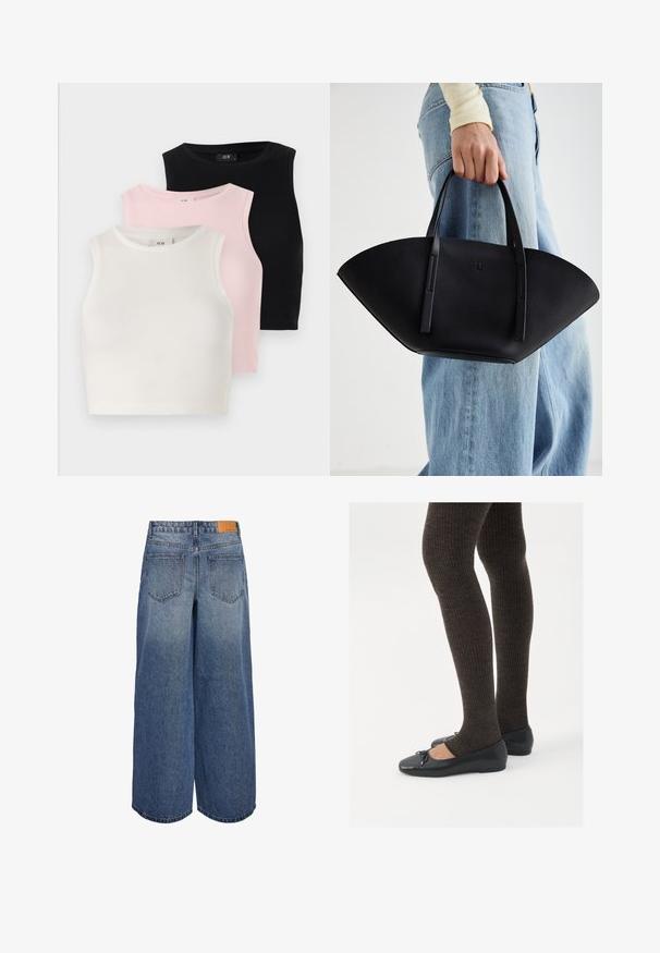 Três tops curtos sem mangas em textura canelada: branco, rosa claro e preto. Cada um apresenta um decote redondo e um design justo.; Calças culottes de denim de perna larga em lavagem azul média com uma textura desbotada, apresentando dois bolsos traseiros e uma etiqueta de marca em couro castanho na cintura.; Sapatos planos pretos com um pequeno laço na ponta, emparelhados com meias-calças caneladas castanhas escuras. Os sapatos têm uma textura suave e um design discretamente baixo.; Bolsa de mão em couro preto com uma forma única em leque, apresentando alças planas. A superfície tem uma textura pebble e um design minimalista.