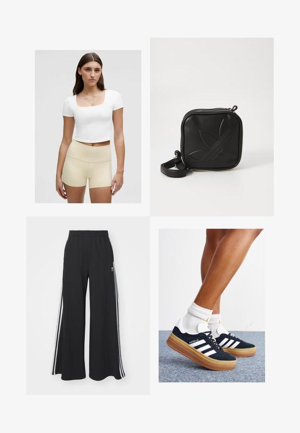 Hvid cropped t-shirt med firkantet halsudskæring, parret med lysebeige højtaljede shorts, glat stof, tætsiddende design.; Sorte brede sweatpants med elastisk talje, med hvide sidelommer og et broderet logo på venstre lår.; Sorte sneakers i ruskind med hvide striber og detaljer, rundet tå, ydersål i gummi, kombineret med hvide ribstrikkede crew sokker.; Sort kvadratisk crossbody taske lavet af tekstureret syntetisk materiale. Har et prægede logo design og justerbar strop. Lynlåslukning.