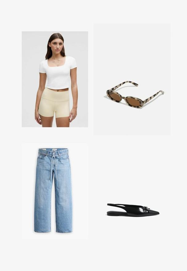 Balts saspringtais t-kreklis ar kvadrātveida izgriezumu, kopā ar gaismas bežiem augstos šortiem, gluda auduma, pieguļošs dizains.; Gai zila džinsa auduma platā stila bikses ar augstu vidukli, pogu un rāvējslēdzēju, kā arī auklas detaļu viduklī. Neapstrādāta apakšmalu apdare.; Melnas lakota ādas slingback plakanas kurpes ar norādītu purngalu, apļu akcenta detaļu un šaurām siksnām drošai piegulšanai. Gluda spīdīga virsma.; Sunscreen brilles ar ovālām lēcām, brūnu tonēšanu un plānām rakstainām pusēm. Vieglas plastmasas materiāls ar smalkām zelta akcentiem.