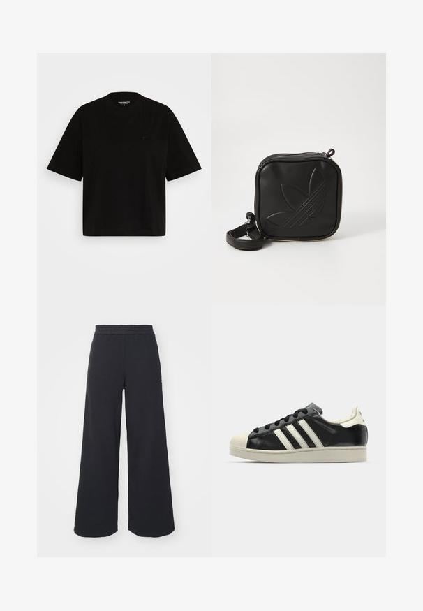 T-shirt in cotone nero con vestibilità relaxed, maniche corte, scollo tondo e un piccolo logo sul lato sinistro del petto.; Pantaloni felpati neri a gamba larga realizzati in tessuto morbido, con un elastico in vita e un piccolo logo sul lato sinistro.; Sneaker in pelle nera con strisce bianche, punta in gomma, lacci neri e suola di colore crema. Texture liscia con finitura brillante.; Borsa a tracolla nera realizzata in materiale sintetico testurizzato. Presenta un design con logo inciso e una tracolla regolabile. Chiusura con zip.