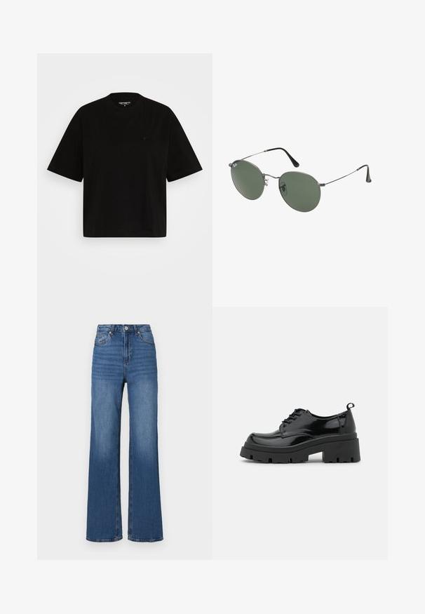 Mustalla puuvillapaidalla on rento malli, lyhyet hihat, pyöreä kaula-aukko ja pieni logotieto vasemmassa rinnassa.; Siniset, korkea vyötärö ja leveät lahkeet, valmistettu denimistä, perinteinen viiden taskun muotoilu ja hienovarainen haalistuminen lahkeissa.; Musta lakkapintainen kengät, joissa on paksu platform-pohja ja paksut nauhat. Pyöristetty kärki, minimaalinen yksityiskohtaisuus ja pieni kantanauha takana.; Aurinkolasit metallikehyksillä, joissa on soikeat vihreät linssit. Ohut hopeinen metallikehys ja mustat korvapehmusteet. Minimalistinen muotoilu, ei näkyviä logoja.