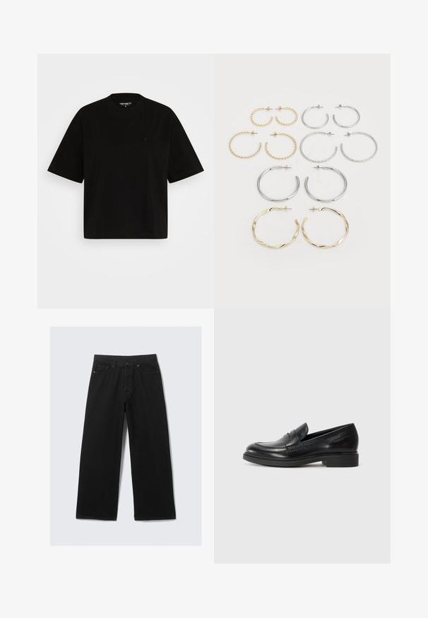 Čierne bavlnené tričko s voľným strihom, krátkymi rukávmi, okrúhlym výstrihom a malým logom na ľavej hrudi.; Čierne široké nohavice z denimového materiálu, s klasickým dizajnom s piatimi vreckami a štruktúrovaným pásom s pútkami na opasok.; Čierne kožené loafers s okrúhlou špičkou, prešívaním a nízkym blokovým podpätkom. Hladká textúra bez viditeľných vzorov alebo akcentov.; Sada dvanástich kruhových náušníc v striebornej a zlatej farbe. Obsahuje skrútené, hladké a textúrované vzory v rôznych veľkostiach a povrchových úpravách.