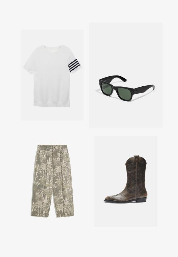 Biała koszulka z krótkim rękawem, wykonana z dzianiny, z rakoszową teksturą i czarnym paskiem na lewym rękawie. Okrągły dekolt, luźny krój.; Spodnie cargo z szerokimi nogawkami w zielono-beżowym kamuflażu z wzorem liści i kory, z przednimi kieszeniami i szlufkami na pasek.; Brązowy skórzany kowbojski but z wysoką cholewką, spiczastym noskiem, skomplikowanymi wzorami haftu i małym obcasem. Teksturalne wykończenie na całej powierzchni.; Czarne prostokątne okulary przeciwsłoneczne z zielonymi soczewkami, matowe wykończenie, subtelne akcenty metalowe i wytłoczone logo na zauszniku.