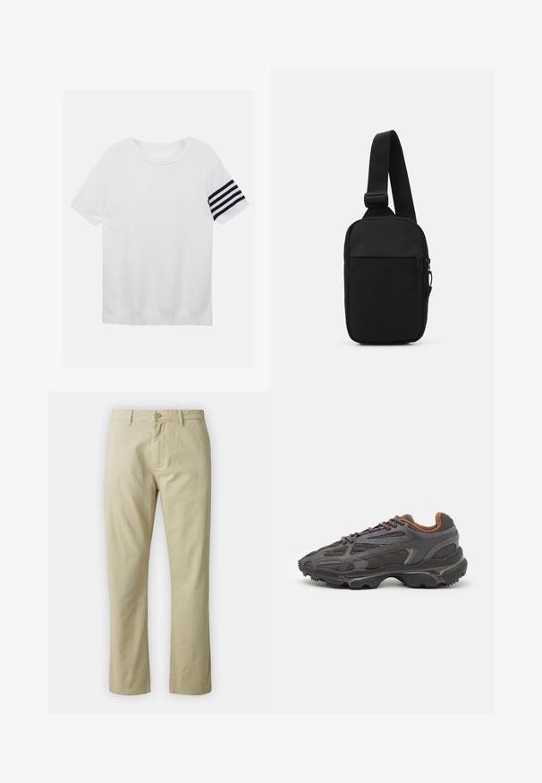 White short-sleeve knit T-shirt featuring a ribbed texture and a black stripe detail on the left sleeve. Round neckline, relaxed fit.; Beige cotton trousers with a straight-leg design, front button closure, and belt loops. Smooth texture, no visible patterns or accents.; Lacoste sneakers in dark gray with mesh and synthetic material, featuring a textured sole and brown accents on the collar and branding.; Black crossbody bag made of durable fabric, featuring a single adjustable strap, a zippered main compartment, and a front pocket.