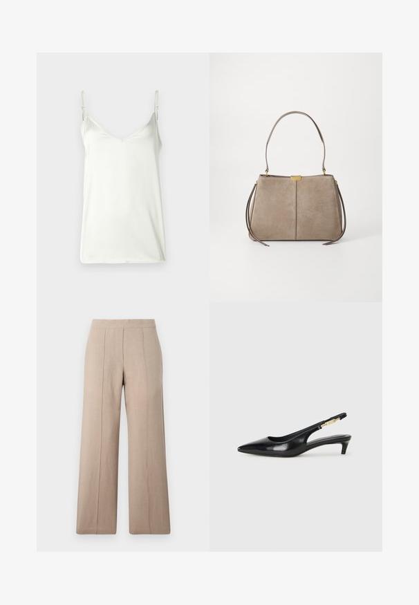 Bela kamica iz gladkega materiala, ki ima tanke nastavljive naramnice in V-izrez. Preprost dizajn brez vzorcev ali okrasnih elementov.; Bež hlače širokega kroja iz lahkega blaga, z sprednjimi gubami, gladkim pasom in ravnim krojem z čistimi robovi.; Črne usnjene sandale na peto z ostro konico, ki imajo tanko peto in zlat ton na nastavljivem traku. Gladka tekstura.; Tommy Hilfiger CASUAL SHOULDER BAG - Torbica - coastal taupe