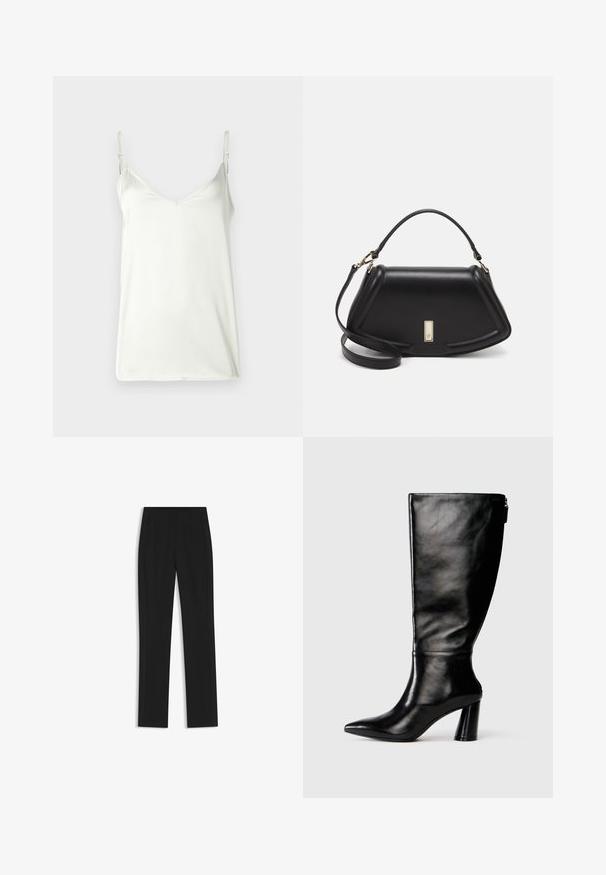 Débardeur blanc en tissu lisse, doté de fines bretelles ajustables et d'un décolleté en V. Design simple sans motifs ni embellissements.; Pantalon noir ajusté avec une coupe droite, doté de poches avant et d'un tissu lisse et texturé. Détails soignés et minimalistes.; Botte en cuir noir à hauteur de genoux avec un bout pointu, une texture lisse et un talon épais. Elle présente un zip à l'arrière.; Sac à main en cuir noir avec un design structuré, featuring une forme cropped, une poignée supérieure et des accents en matériel doré. Bandoulière réglable incluse.
