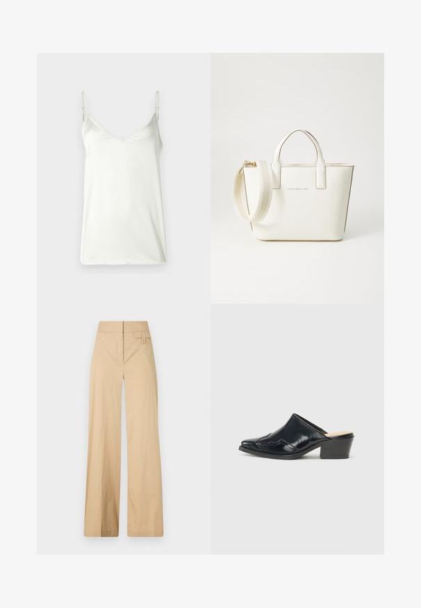 Bijela majica bez rukava izrađena od glatkog materijala, s tankim podesivim naramenicama i V-izrezom. Jednostavan dizajn bez uzoraka ili ukrasa.; Bež hlače širokih nogavica napravljene od mješavine pamuka. Imaju glatku teksturu, elastičnu elastiku u struku i detalj gumba sa strane.; Crne lakirane melise s izoštrenim prstima, zakrivljenim dizajnom i niskim blok petama s dekorativnim šavovima duž gornjeg dijela.; Bijela torbica od umjetne kože s kratkim drškama, podešivim remenom za rame i zlatnim hardverom; sadrži suptilan logo sprijeda.