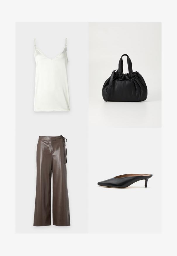 Débardeur blanc en tissu lisse, doté de fines bretelles ajustables et d'un décolleté en V. Design simple sans motifs ni embellissements.; Pantalons larges en simili cuir marron avec taille haute et détail de lien sur le côté, sur fond blanc.; Mules en cuir noir avec un bout pointu et un petit talon carré. Texture lisse avec un design épuré. Dos ouvert avec un minimum de détails.; Sac à main en cuir noir avec un design à haut froncé, doté de deux poignées courtes et d'une bandoulière longue et réglable. Texture lisse, forme arrondie.