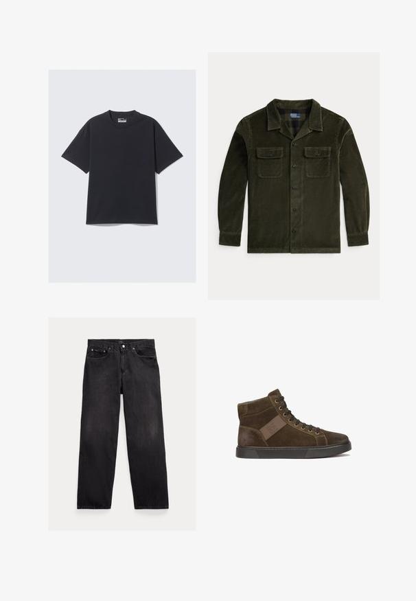 Black cotton T-shirt featuring a classic crew neck, short sleeves, and a relaxed fit. Smooth texture with minimal stitching detail.; Dark green corduroy shirt jacket with long sleeves, two chest pockets, and button closure. Features a classic collar and horizontal ribbed texture.; Black denim jeans with a straight leg design, five pockets, and button closure. Features slight fading and contrasting stitching details.; Brown suede high-top sneaker with black laces, rubber sole, and a textured brown leather patch on the side. Stitched detailing highlights design.