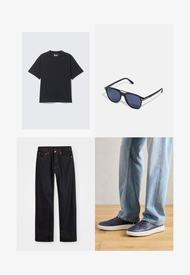 Musta puuvillapaita, jossa on klassinen pyöreä pääntie, lyhyet hihat ja rento istuvuus. Sileä pinta, jossa on minimaalinen ommeltyö.; Miestne čierne rovné džínsy so štyrmi vreckami a oranžovým šitím, zapínanie na gombík a zips na prednom pásku.; Siniset nahkakengät valkoisilla kumipohjilla, joissa on matala malli, nauhakiinnitys ja minimalistiset yksityiskohdat. Käytetään yhdessä vaaleansinisien farkkujen kanssa.; Aurinkolasit, joissa on musta muovikehys, sinisen sävyiset linssit, hieman pyöristetty muoto ja hopeiset metallikoristeet temppeleissä.