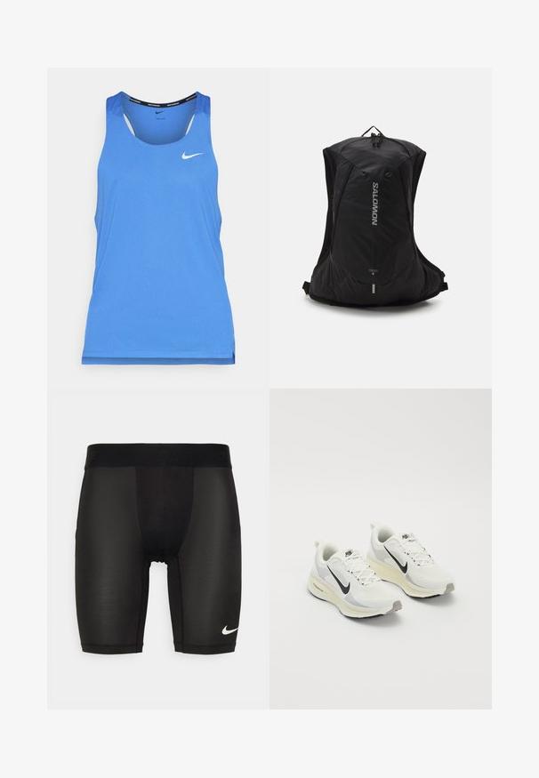 Blaues Nike Lauf-Tanktop mit rundem Halsausschnitt, ärmellosem Design und einer subtilen perforierten Textur. Logo-Akzent auf der Vorderseite.; Schwarze Sportshorts aus glattem, dehnbarem Material. Mit einem breiten Bund, der mit einem eingeprägten Logo versehen ist, und einem kleinen weißen Logo am Bein.; Laufschuhe aus weißem atmungsaktivem Mesh mit hellgrauen Akzenten. Mit einem schwarzen Swoosh-Logo und einer hellgrauen Gummisohle.; Salomon CROSS 8 - Tagesrucksack - black