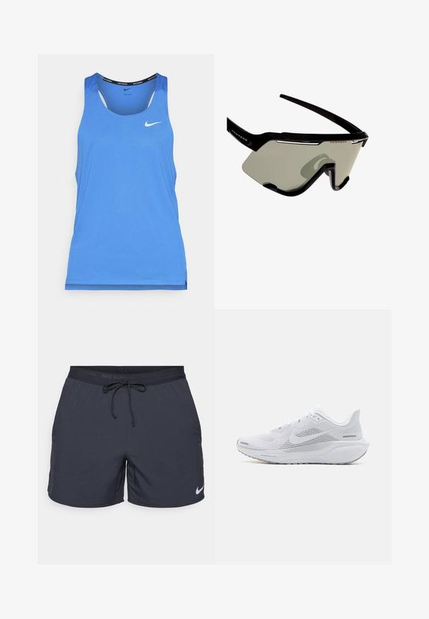 Blue Nike running tank top featuring a round neckline, sleeveless design, and a subtle perforated texture. Logo accent on the front.; Nike running shorts, dark gray, elastic waist with drawstring, side pockets, lightweight fabric, featuring a white Nike logo on the lower hem.; White athletic shoe with a mesh upper, smooth textured overlays, grey accents, laces, and a cushioned sole designed for performance.; Black sports sunglasses with a wraparound design, featuring large gray lenses and a sturdy frame with white accents and logo.