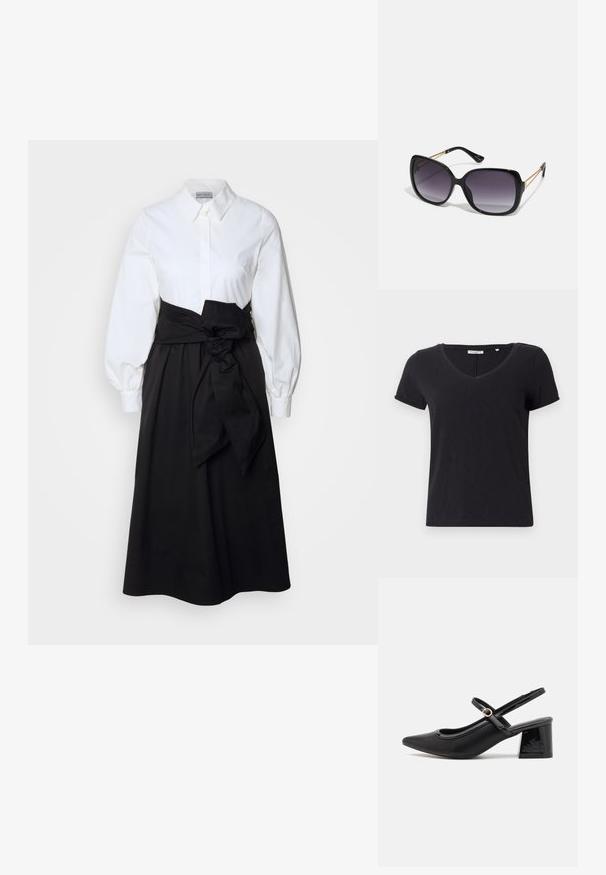 Must have lühikesed varrukad t-särk V-kaelusega. Valmistatud pehmest, hingavast kangast, millel on sile tekstuur ja pole silmapaistvaid mustreid.; Valge nööbiga topp, millel on pikad puff-sleiterid, koos musta seeliku ja kangast vöödiga, mis on seotud vöökohtadele, valmistatud siledast puuvillamaterjalist.; Mustad läikivad nahast slingback-kõrged kontsad, millel on terav nina, ümar lõikekujundus ja blokknina. Omab kuldset nupu aktsenti.; Mustad ümarad päikeseglaasid, millel on gradient objektiivid, paksud raamid ja kuldse tooni kettaga kaunistused tempelitel.