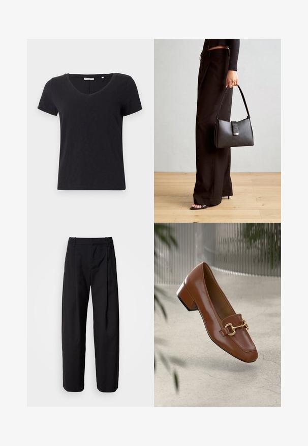 Must have lühikesed varrukad t-särk V-kaelusega. Valmistatud pehmest, hingavast kangast, millel on sile tekstuur ja pole silmapaistvaid mustreid.; Mustad püksid, millel on lõdva lõikega istuvus, volditud esiosa ja vöökohad. Sile kangas ja sirged sääred, küljetaskud.; Pruunist lakknahast loafer, millel on ruudukujuline varvas, metallist ahel kaunistus ja madal plokkkonts; sile tekstuur, minimalistlik disain.; Must musta kott, millel on struktureeritud kuju, sile tekstuur ja metallist klamber. Kombineeritud laiate mustade pükstega ja avatud varvaste sandaalidega puidust põrandal.