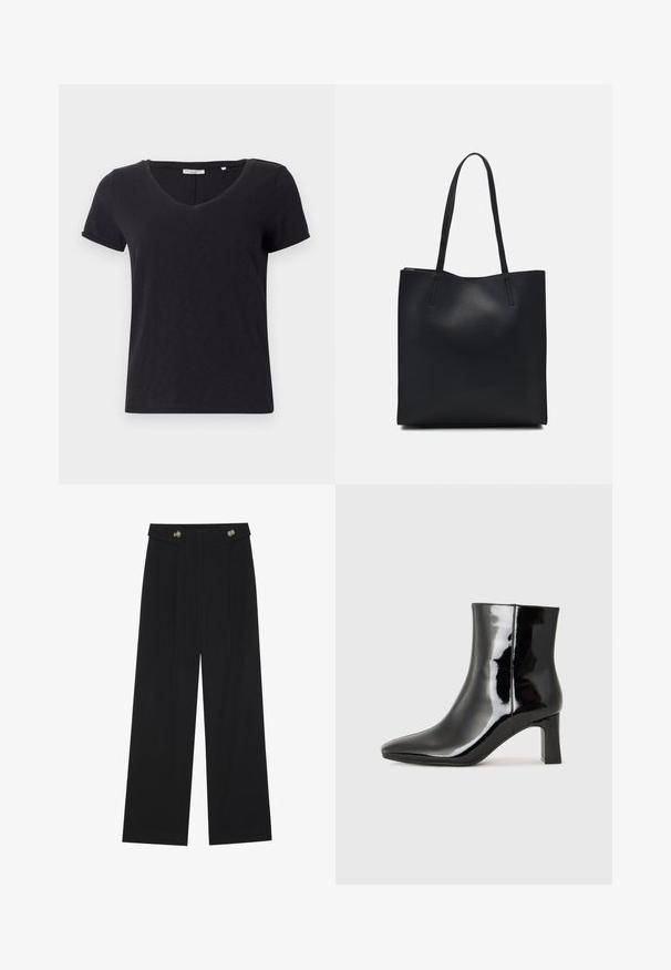 Juodas trumpomis rankovėmis marškinėliai su V formos iškirpte. Pagaminti iš minkštos, kvėpuojančios medžiagos su lygiu paviršiumi ir be ryškių raštų.; Juodi plačios kojos kelnės su aukštu liemeniu, sagų detalėmis ant liemens ir priekinėmis raukšlėmis.; Juodos lakuotos odinės aulinukės su smailiu pirštu ir vidutinio aukščio blokuotu kulnu. Lygus paviršius ir minimalistinis dizainas.; Juodas odinis tote krepšys su lygia tekstūra, stačiakampio formos ir dviem ilgais rankenomis. Matomų metalinių detalių ar puošybos nėra.