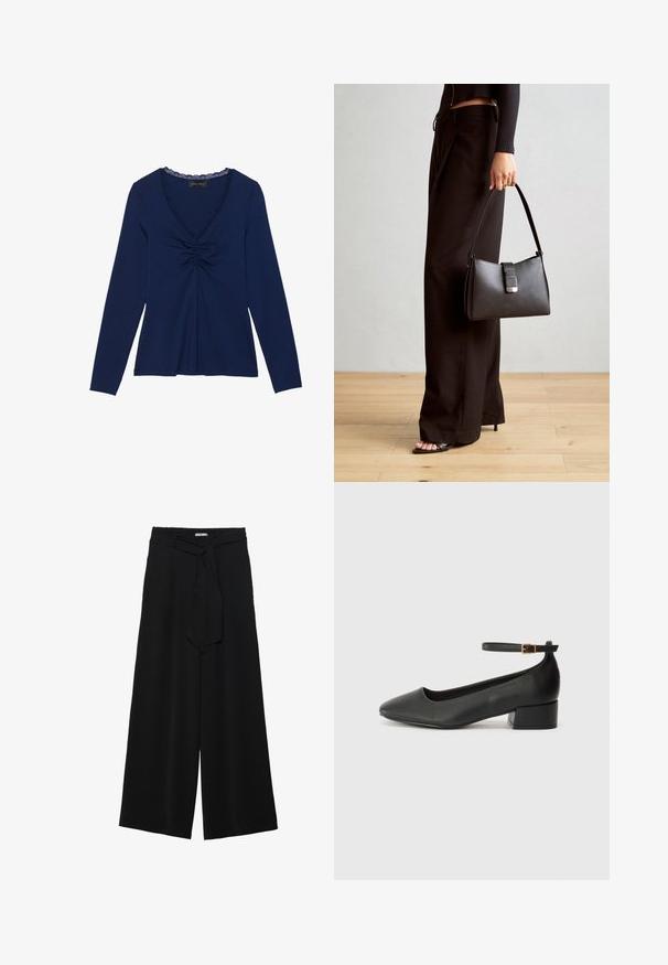 Tamsiai mėlyna ilgų rankovių palaidinė su V formos iškirpte, puošta nėrinių apdaila, susiraukšlėto priekinio dizaino ir laisvo kirpimo. Lygus, minkštas audinio tekstūra.; Juoda plačių kojų kelnės, pagamintos iš tekstūruoto audinio, su elastingu juosmeniu ir atsegamu diržu juosmenyje, leidžiančiu reguliuoti dydį.; Juodas odinis aukštakulnis batelis su smailiu pirštu ir žemu bloku. Su kulkšnies dirželiu su auksinės spalvos sagtimi. Lygus paviršius.; Juodas rankinė struktūrizuota forma, lygi tekstūra ir metalinis užsegimas. Suporuota su plačiomis juodomis kelnėmis ir atvirais bateliais ant medinių grindų.