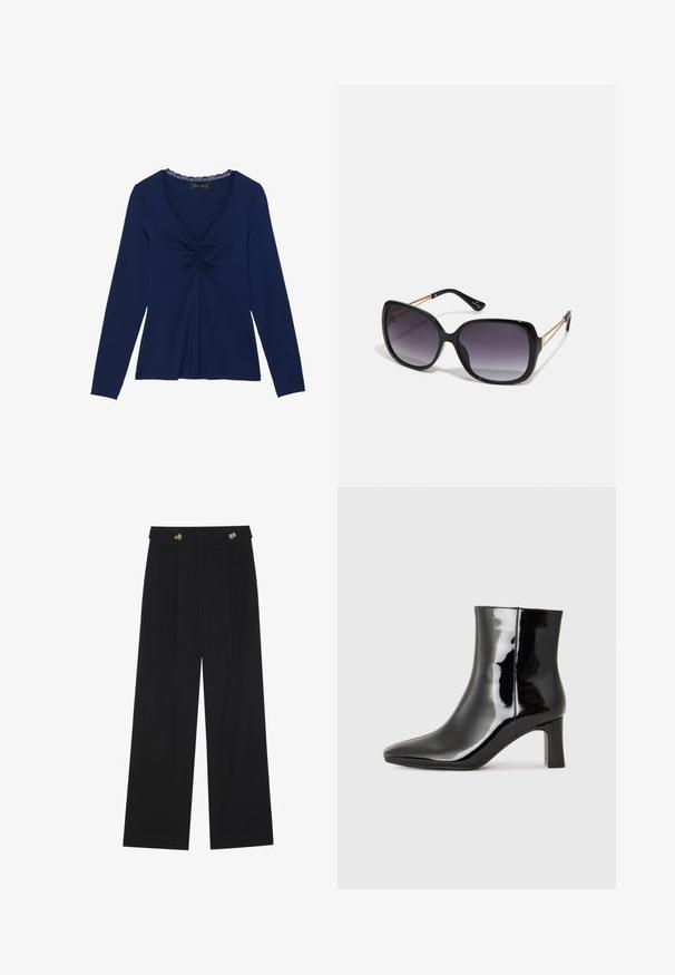 Marineblå langermet topp med V-hals, med blonderkant, rynket frontdetalj og en avslappet passform. Glatt, myk stofftekstur.; Svart vide bukser med høy midje, knappdetaljer på midjebåndet og frontplisser.; Sorte patentlær ankle boot med spiss tå og en mellomhøy blokkhelt. Glatt tekstur og minimalistisk design.; Sorte oversized solbriller med gradient linser, tykke rammer og detaljering med gulltonekjede på tempelarmene.; Svart håndveske med strukturert form, jevn tekstur og metallisk lås. Kombinert med brede svarte bukser og sandaler med åpen tå på tregulv.
