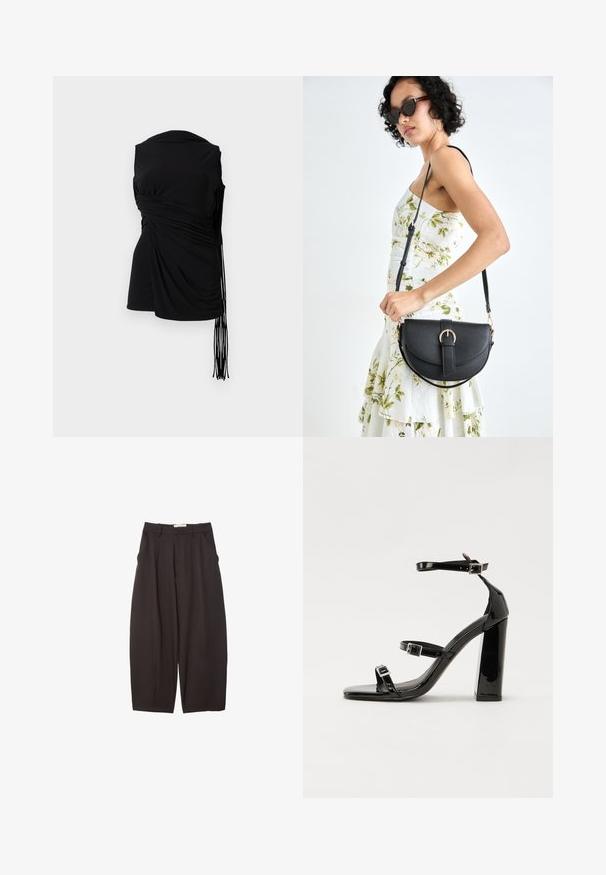 Top nero senza maniche con tessuto drappeggiato, arricciature laterali e dettaglio di frange allungate, caratterizzato da una texture liscia e una silhouette aderente.; Pantaloni neri a gamba larga realizzati in un tessuto morbido, con vita alta, pieghe frontali e tasche laterali. Design semplice senza decorazioni.; Sandali con tacco in vernice nera, con punta squadrata, cinturini alla caviglia e fibbie in argento. Presentano un tacco a blocco spesso per maggiore stabilità.; Borsa a tracolla nera in pelle con una forma curva, manico rimovibile e accessori dorati. La borsa presenta una patta con un dettaglio a fibbia.