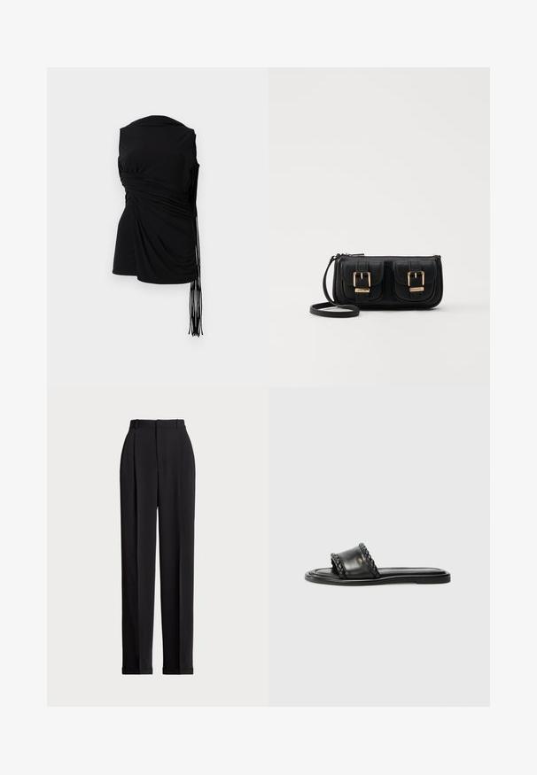 Top nero senza maniche con tessuto drappeggiato, arricciature laterali e dettaglio di frange allungate, caratterizzato da una texture liscia e una silhouette aderente.; Pantaloni neri su misura a vita alta, con pieghe frontali, design a gamba dritta e orlo con risvolto. Realizzati in tessuto morbido.; Sandal in pelle nera con dettaglio a strappo intrecciato, suola piatta e design elegante. Texture liscia e profilo minimalista.; Borsa a tracolla nera in pelle con due tasche frontali, fibbie dorate, chiusura con zip e una tracolla sottile. Superficie texturizzata e forma rettangolare compatta.