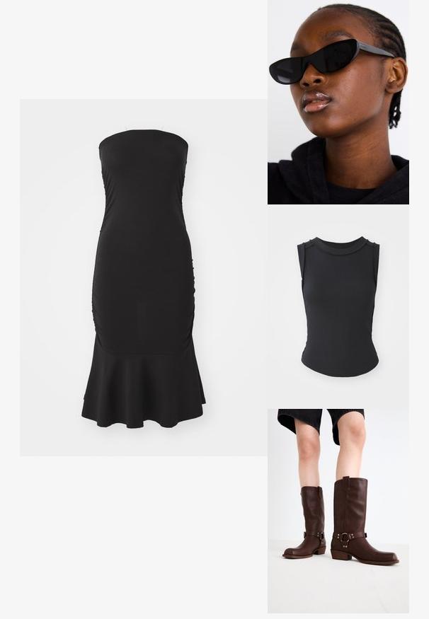 Mustmust pikkadeta top, millel on ribitud tekstuur, ümmargune kaelus ja külgede lõhenemised. Omab õlgadetailide aktsente ja keha lähedast lõiget.; Must tänavusärge must kleit, mis on valmistatud elastsetest kangast, sisaldab külgedel volangide detaili ning jopes on laienev ääreline. Sujuv tekstuur ja väljakujunenud siluett.; Pruunid nahast põlvekõrgused saapad, millel on ümar varvas, tekstuuriga pind, pahkluu rihm ja hõbedane detail; klambriga konts.; Must musta silmad eest vaatavad mustad prillid, millel on matt viimistlus, elegantne disain ja õrnalt kõverad servad, mudeli tumeda riietuse taustal.; Hõbedased rõngaskõrvarõngad, millel on sile, läikiv viimistlus. Ümmargune kuju ja turvaline klõpsulatus. Kerge disain, sobib igapäevaseks kandmiseks.