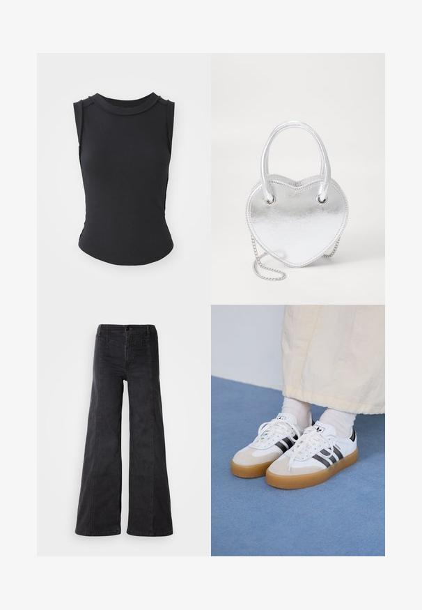 Μαύρο αμάνικο τοπ με ριχτή υφή, στρογγυλή λαιμόκοψη και πλαϊνές σχισμές. Διαθέτει λεπτομέρειες στους ώμους και εφαρμοστή γραμμή.; Φαρδιά μαύρα τζιν παντελόνια με ψηλή μέση, διαθέτουν μπροστινές τσέπες και ελάχιστες λεπτομέρειες ραφής. Το βαμβακερό ύφασμα προσφέρει μια απαλή υφή.; Λευκά αθλητικά παπούτσια με μαύρες ρίγες και μπεζ σουέτ λεπτομέρειες. Διαθέτουν υφασμάτινη σόλα από καουτσούκ και επίπεδα λευκά κορδόνια, φορεμένα με ανοιχτόχρωμες κάλτσες.; Ασημί μεταλλική τσάντα σε σχήμα καρδιάς με διπλούς χειροπράκτες, αλυσίδα και λεία υφή. Διαθέτει μεταλλικά αξεσουάρ και ραμμένες άκρες.