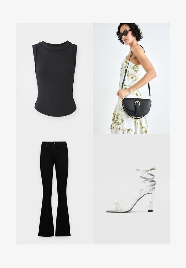 Juodas be rankovių marškinėlis su raukšlėta tekstūra, apvaliu iškirpimu ir šoninėmis sklendėmis. Pabrėžia peties akcentus ir yra prigludusios formos.; Juodos aukšto liemens džinsai su mygtuku ir užtrauktuku, priekinėmis kišenėmis ir platėjančiomis kojomis, išdėstyti ant baltos fono.; Sidabrinė aukšto kulno sandalai su blizgiu diržo dizainu, featuring perlo panašus akcentas ir spiralinė kulkšnies dirželis saugiam prisitaikymui.; Juodas odinis krepšys su išlenkta forma, nuimamu dirželiu ir auksiniais detalėmis. Krepšys turi kilpą su sagtimi.