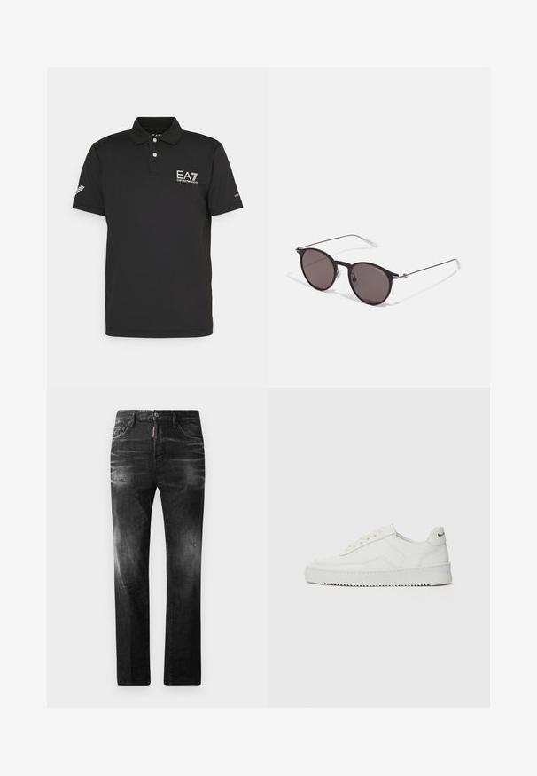 Polo preto feito de tecido suave, apresentando uma pala de dois botões, logotipo EA7 no peito e um design ventilado na manga.; Jeans de denim preto com um corte reto. Apresentam áreas desbotadas, ligeira degradação, design clássico de cinco bolsos e um fecho de botão.; Sapatilha de couro branco com acabamento suave, bico redondo, atacadores planos e uma sola texturizada. Apresenta um logotipo discreto no calcanhar.; Óculos de sol redondos pretos com lentes escuras e hastes metálicas finas. Inclui pontas de templo transparentes e detalhes em prata na dobradiça. Design minimalista.