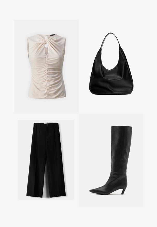 Kremasti top na bretele bez rukava s prorezom, uvijenim prednjim dijelom i naboranom teksturom uz tijelo, izrađen od glatkog, laganog materijala.; Crne široke hlače izrađene od lagane tkanine, s prednjim zatvaranjem na dugme i ravnim prednjim dijelom, sa uredno šivenim rubovima.; RAID FLAURA - Čizme - black; Crna kožna hobo torba sa opuštenim dizajnom, širokim naramenicama i glatkom teksturom. Ima jedan zatvarač s jedne strane.
