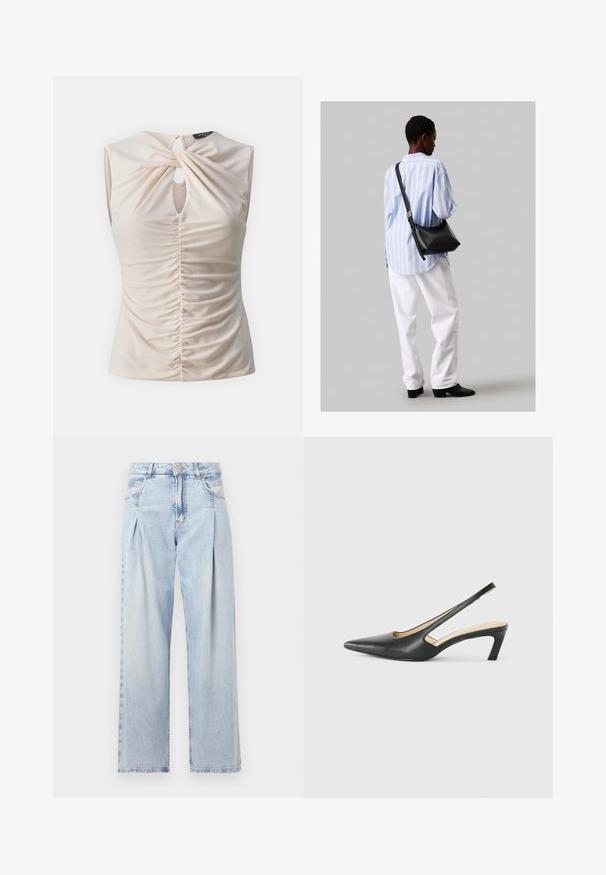 Kremowy bezrękawnik z otworem kluczowym, skręconym przodem i marszczoną fakturą wzdłuż ciała, wykonany z gładkiego, lekkiego materiału.; Jasnoniebieskie dżinsy z wysokim stanem, szerokimi nogawkami, dwoma bocznymi kieszeniami oraz plisowanym wzorem. Miękka tekstura z wyblakłym wykończeniem.; Czarny but na obcasie typu slingback z ostro zakończonym noskiem, z niskim obcasem, wykonany z gładkiej skóry, z wycięciem po boku dla lepszej wentylacji.; Czarna skórzana torba na ramię o miękkiej fakturze, w kształcie trójkąta, z regulowanym paskiem, połączona z jasnoniebieską koszulą w paski i białymi spodniami.