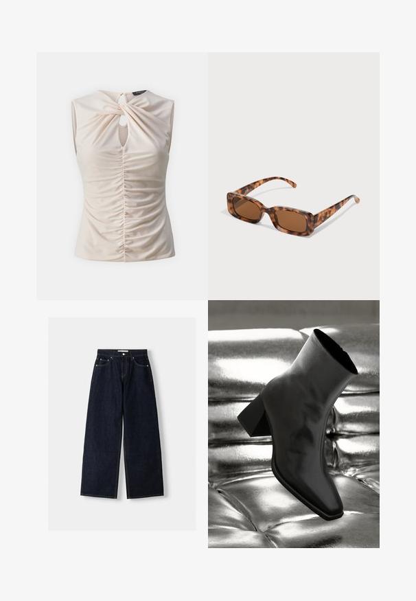 Krém színű, ujjatlan felső, kulcslyuk részlettel, csavart elülső résszel és gyűrt textúrával a testen, sima, könnyű anyagból készült.; Sötétkék farmer széles szárú nadrág magas derékkal, öt zsebbel, eltérő varrással és ezüstszínű fémalkatrészekkel. Sima textúra és tiszta finish.; Fekete bokacsizma fényes anyagból, négyzetes orral és szűkített sarkú, egy csillogó ezüst kárpitozott háttér előtt.; Tarka mintás napszemüveg, téglalap alakú barna lencsékkel, vastag kerettel és vékony, különböző árnyalatú barna mintázattal ellátott szárakkal.; Fekete bőr hobo táska laza fazonban, széles vállpánttal és sima felülettel. Oldalán egy zipzáras záródással rendelkezik.