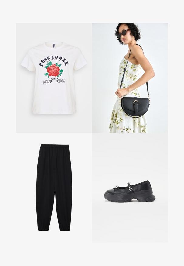 White cotton t-shirt featuring a red rose graphic, green leaves, and the text "ROSE POWER TRUE LOVE" in bold black lettering. Round neck.; Black, lightweight pants with an elastic waistband and gathered ankles. The fabric is smooth and features a relaxed, tapered design.; Black leather Mary Jane shoe with a rounded toe, bow detail, and an adjustable ankle strap. Features a chunky rubber sole with curved accents.; Black leather handbag with a curved shape, detachable strap, and gold hardware. The bag features a flap with a buckle detail.