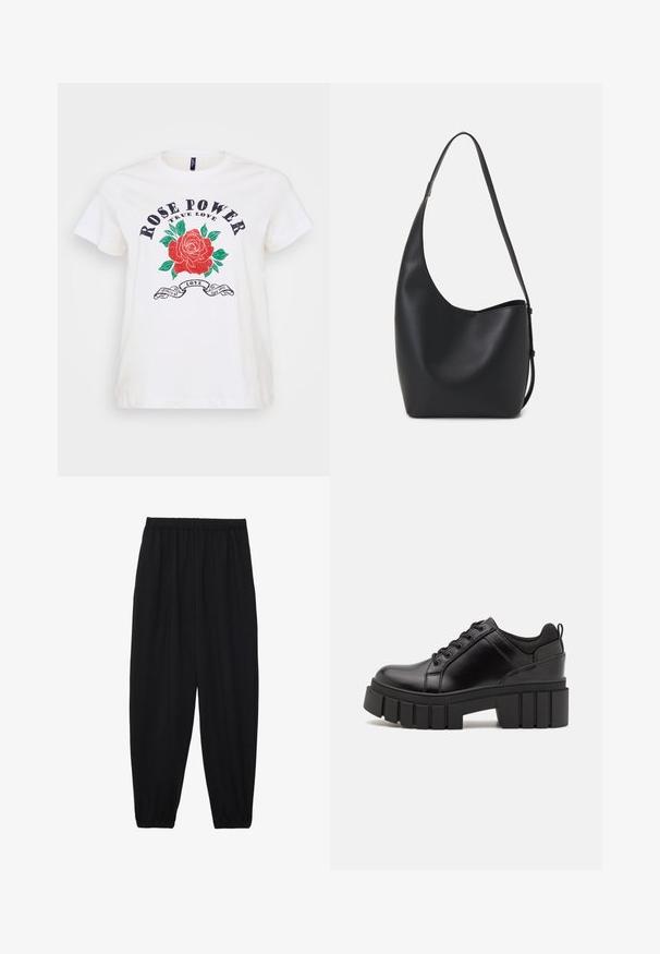 White cotton t-shirt featuring a red rose graphic, green leaves, and the text "ROSE POWER TRUE LOVE" in bold black lettering. Round neck.; Black, lightweight pants with an elastic waistband and gathered ankles. The fabric is smooth and features a relaxed, tapered design.; Black leather platform shoes with a chunky block heel, round toe, and traditional lace-up design. Features smooth texture and minimal detailing.; Black leather hobo bag with a smooth texture, curved shape, and single adjustable strap; features a wide opening at the top.