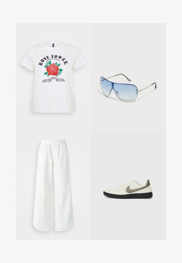Fehér pamut póló, piros rózsa grafikával, zöld levelekkel és a "ROSE POWER TRUE LOVE" felirattal vastag fekete betűkkel. Kerek nyakú.; Fehér, bő szárú sportnadrág ribbelt derékpánttal és diszkrét logórésszel. Simá szövet, laza szabással és taperált szárral.; Nike Sportswear FIELD GENERAL - Sportcipő - off-white/black; Pilóta napszemüveg, melynek áttetsző kék lencséje, ezüst fém kerete és díszes csillag díszítések találhatók a lencsén. Simogató és elegáns dizájn.