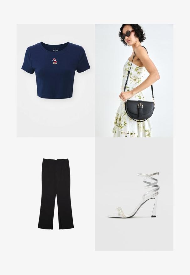 GAP TEE - T-shirt print - navy uniform; Zwarte broek met een rechte pasvorm, voorzien van zijzakken en plooien aan de onderzijde. Gemaakt van zachte, gladde stof. Geschikt voor verschillende gelegenheden.; Zilveren sandaal met hoge hakken en een glanzend bandontwerp, met een parelachtige accent en een gewikkelde enkelband voor een veilige pasvorm.; Zwarte leren handtas met een gebogen vorm, afneembare schouderband en gouden hardware. De tas heeft een klep met een gespsluiting.