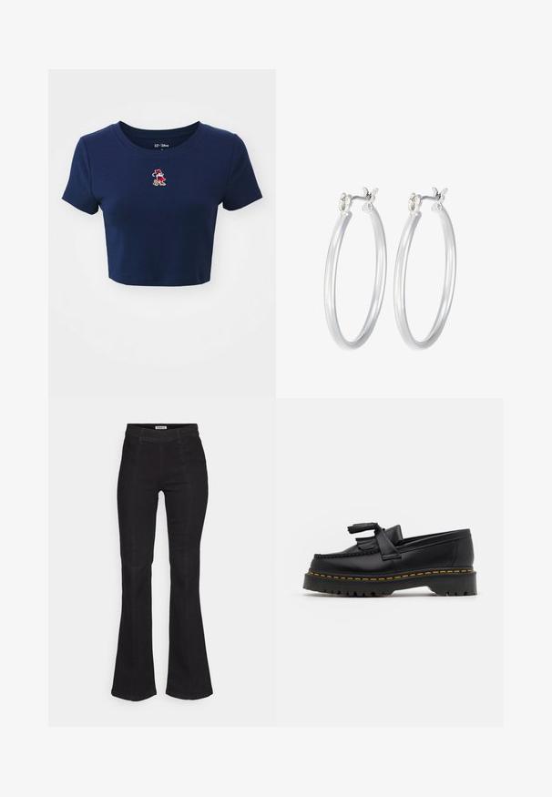 GAP TEE - Majica kratkih rukava s printom - navy uniform; Crne trapezice od denima, s visokim strukom, suptilnim detaljima šavova sprijeda i klasičnim dizajnom s pet džepova.; Crna kožna loaferica s resicama, koja ima čvrst crni potplat i žute šavove duž ruba. Teksturirana završna obrada.; Srebrne kružne naušnice s glatkom, poliranom površinom. Okrugli oblik i sigurno kopčanje na klik. Lagani dizajn pogodan za svakodnevno nošenje.