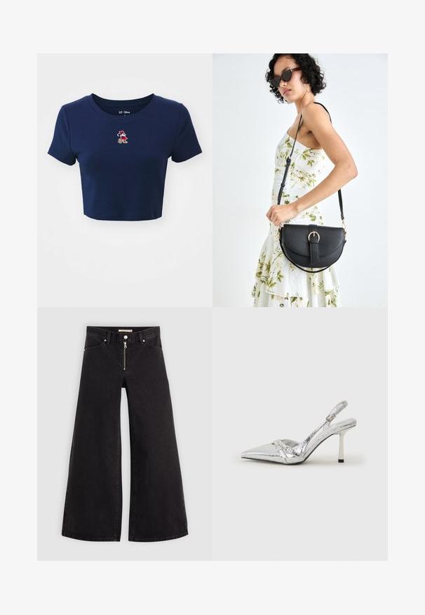 GAP TEE - T-shirt med print - navy uniform; Breda jeans i svart denim med dragkedja fram, femfickorsdesign och subtila sömdetaljer. Slät textur och avslappnad stil.; Silver slingback högklackad sko med spetsig tå, metallisk finish, två dekorativa remmar och en smal klack med svart spets.; Svart läderhandväska med en böjd form, avtagbar rem och guldiga detaljer. Väskan har ett lock med en spänndetalj.