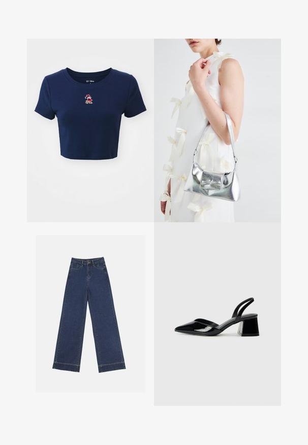 GAP TEE - Print T-shirt - navy uniform; Wide-leg jeans in dark blue denim. Features five pockets, belt loops, and a raw hem at the bottom with visible stitching details.; Black patent leather slingback heels with a pointed toe and a geometric block heel. Features a sleek, minimal design and smooth texture.; Silver metallic handbag with a structured shape, featuring a top handle and bow detail on the front. Smooth texture, reflective finish.