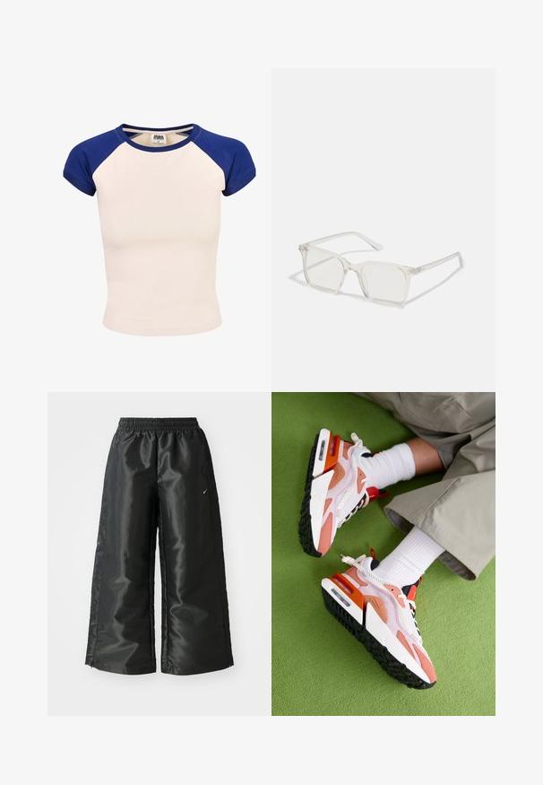 Medvilninis marškinėliai su kreminiu kūnu ir mėlynais rankovėmis. Trumpomis rankovėmis ir apvalia iškirpte. Etiketė matoma viduje apykaklės.; Juodi sportiniai džinsai su blizgia, lygaus audinio medžiaga, turintys elastingą juosmenį, plačias kojų dalis ir mažą logotipą kairėje pusėje.; Nike Sportswear AIR MAX FURYOSA NRG - Sportbačiai - sail/black/phantom/platinum violet/terra blush/cosmic clay; Permat nuleidžiai skaidrūs kvadrato formos akinius su permatomais lęšiais, kurie turi auksines detales ant šventyklų.