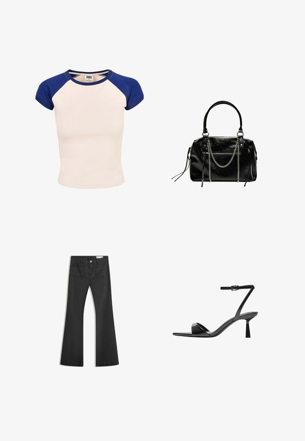 Pamut póló krém színű testtel és kék raglan ujjakkal. Rövid ujjú és kerek nyakkivágású. Címke látható a gallér belsejében.; Fekete, sima textúrájú farmer flare nadrág, két hátsó zsebbel és gombos derékkal.; Bershka Magas sarkú szandálok - black; Bershka WITH CHAIN - Kézitáska - black