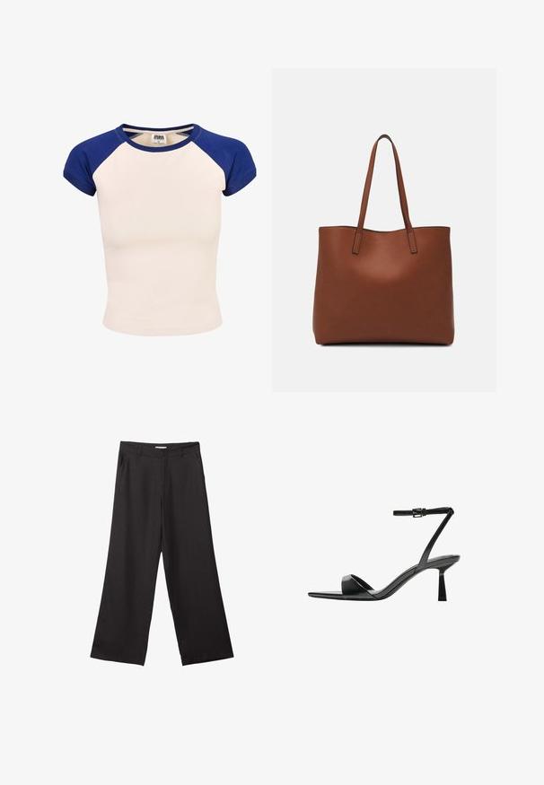 Pamuk majica s kremastim tijelom i plavim raglan rukavima. Kratki rukavi i okrugli izrez. Oznaka vidljiva unutar ovratnika.; Crne hlače širokog kroja izrađene od glatkog materijala, s prednjim patentnim zatvaračem i dva bočna džepa, s prilagođenim fitom i minimalističkim dizajnom.; Bershka Sandale s visokom petom - black; Smeđa kožna torba preko ramena s glatkom teksturom, otvorenim vrhom i dvjema naramenicama. Ima minimalne šavove i nema vidljivog hardvera.
