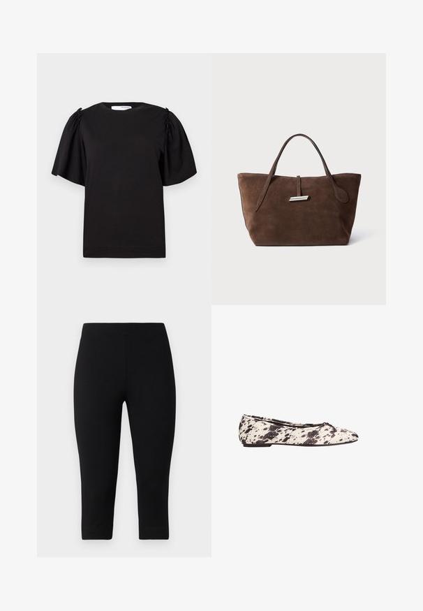 T-shirt nero a maniche corte con scollo a giro, dettagli arricciati sulle spalle e una finitura in cotone morbido. Design semplice e classico.; Blusa avvolgente a maniche lunghe con colletto in beige con motivo a strisce di tigre marroni; presenta un girovita con nodo e una morbida texture trasparente.; Leggings capri neri realizzati in materiale elasticizzato, con una vestibilità aderente e una texture liscia, privi di motivi o accenti prominenti.; Ballerine a pois bianchi e neri con un piccolo fiocco sulla punta arrotondata e tacco basso, mostrata di lato su uno sfondo bianco.; Borsa a spalla in suede marrone con due manici morbidi, una tracolla verticale con un accento in argento e una parte superiore larga e aperta. Texture liscia, design minimalista.