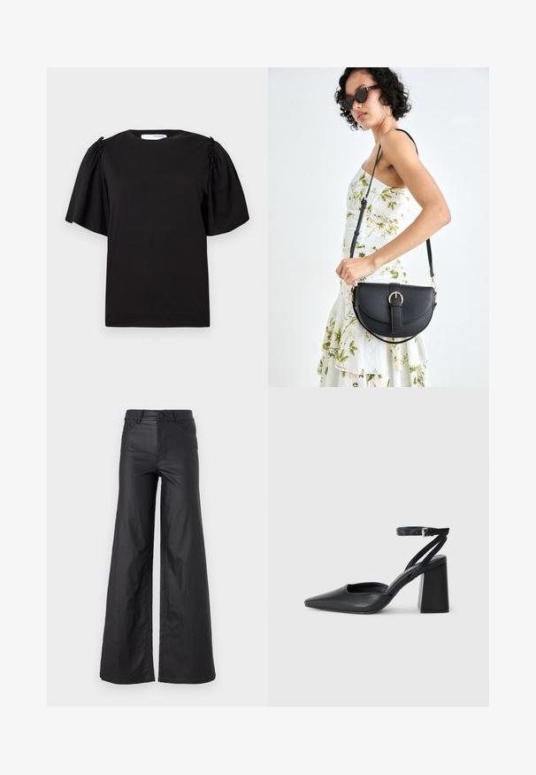 Czarna koszulka krótki rękaw z okrągłym dekoltem, z marszczonymi detalami na ramionach i gładkim bawełnianym wykończeniem. Prosty, klasyczny design.; Czarne, szerokie spodnie z materiału przypominającego skórę. Posiadają wysoki stan, szlufki na pasek, dwie przednie kieszenie oraz przeszycia.; Czarne skórzane czółenka z ostrym noskiem, z paskiem na kostce i grubym obcasem. Gładka faktura, elegancki design i minimalistyczna estetyka.; Czarna skórzana torebka o zakrzywionym kształcie, z odpinanym paskiem i złotymi akcentami. Torebka posiada klapę z zapięciem w kształcie klamry.