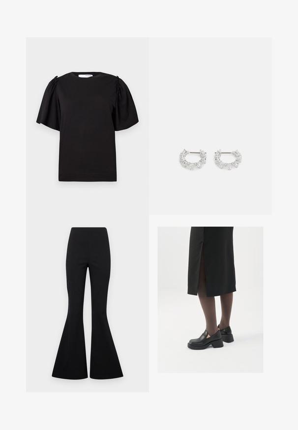 Sort kortærmet t-shirt med rund hals, samlede detaljer på skuldrene og en glat bomuldsfinish. Simpelt, klassisk design.; Sorte flarebukser lavet af strækbart stof med en glat tekstur, med høj talje og brede ben i klokkeform.; Sorte lædersko med rund tå, kraftig blokhæl og elastiske sideaccentuer, parret med mørke strømpebukser og en sort nederdel med slids.; Sølv hoop øreringe med klare, rektangulære og triangulære krystaller arrangeret i et mønstret design. Stik til sikker fastgørelse.