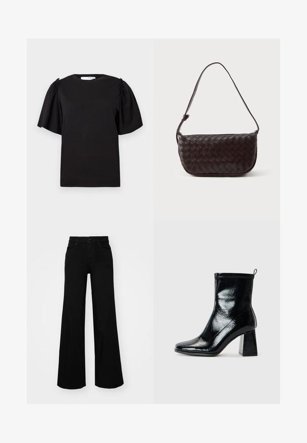 Juodas trumpų rankovių marškinėliai su apvalia iškirpte, subanguotu detalizavimu ant pečių ir lygia medvilnine apdaila. Paprastas, klasikinis dizainas.; Juodos plačios kelnės iš denimo, turinčios struktūruotą juosmenį, diržo kilpas ir priekines kišenes. Lygus paviršius su klasikinio dizaino elementais.; Juodas patentuotas kulkšninis botą su kvadratiniu pirštu ir stambiu geometriniu kulnu. Pristatomas lygus, blizgus paviršius ir užpakalinė kilpa, skirta patogiam apsiaustimui.; Audiniu pintas odinis kuprinės krepšys tamsiai rudos spalvos, su išlenkta forma, reguliuojama dirželiu ir lygia apdaila. Kompaktiškas dizainas be matomų detalių.